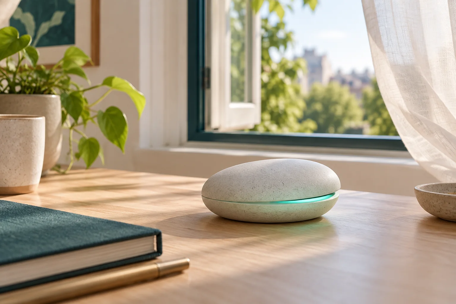 Air Pebble indoor air-awareness concept near an open window