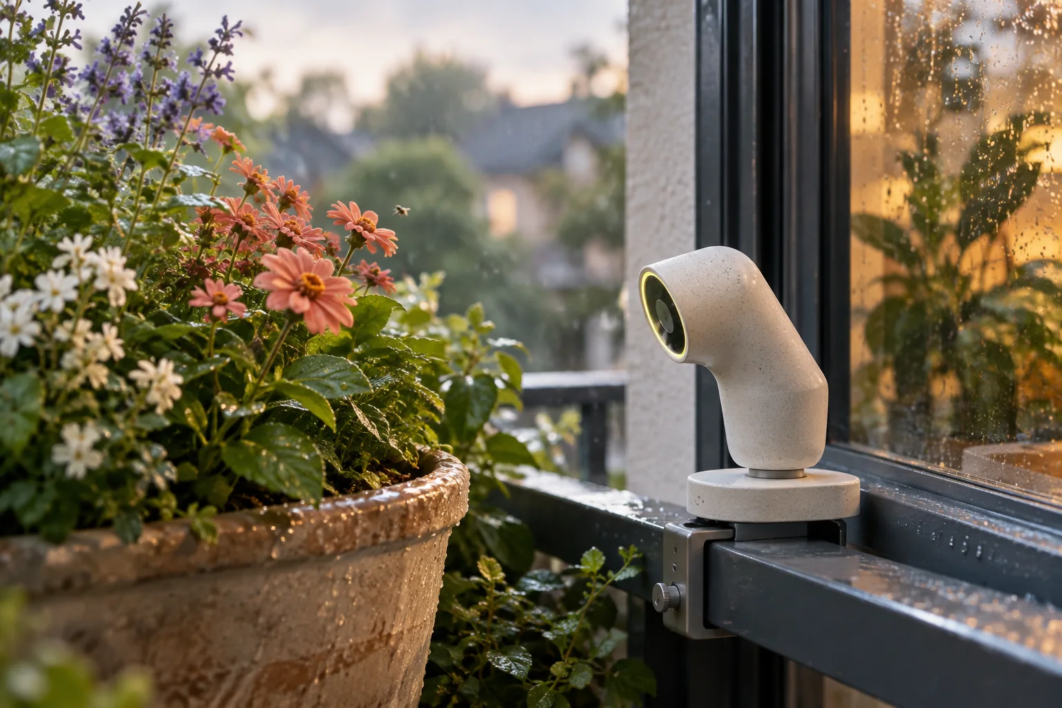 Pollinator Porch observation concept beside a flowering balcony planter