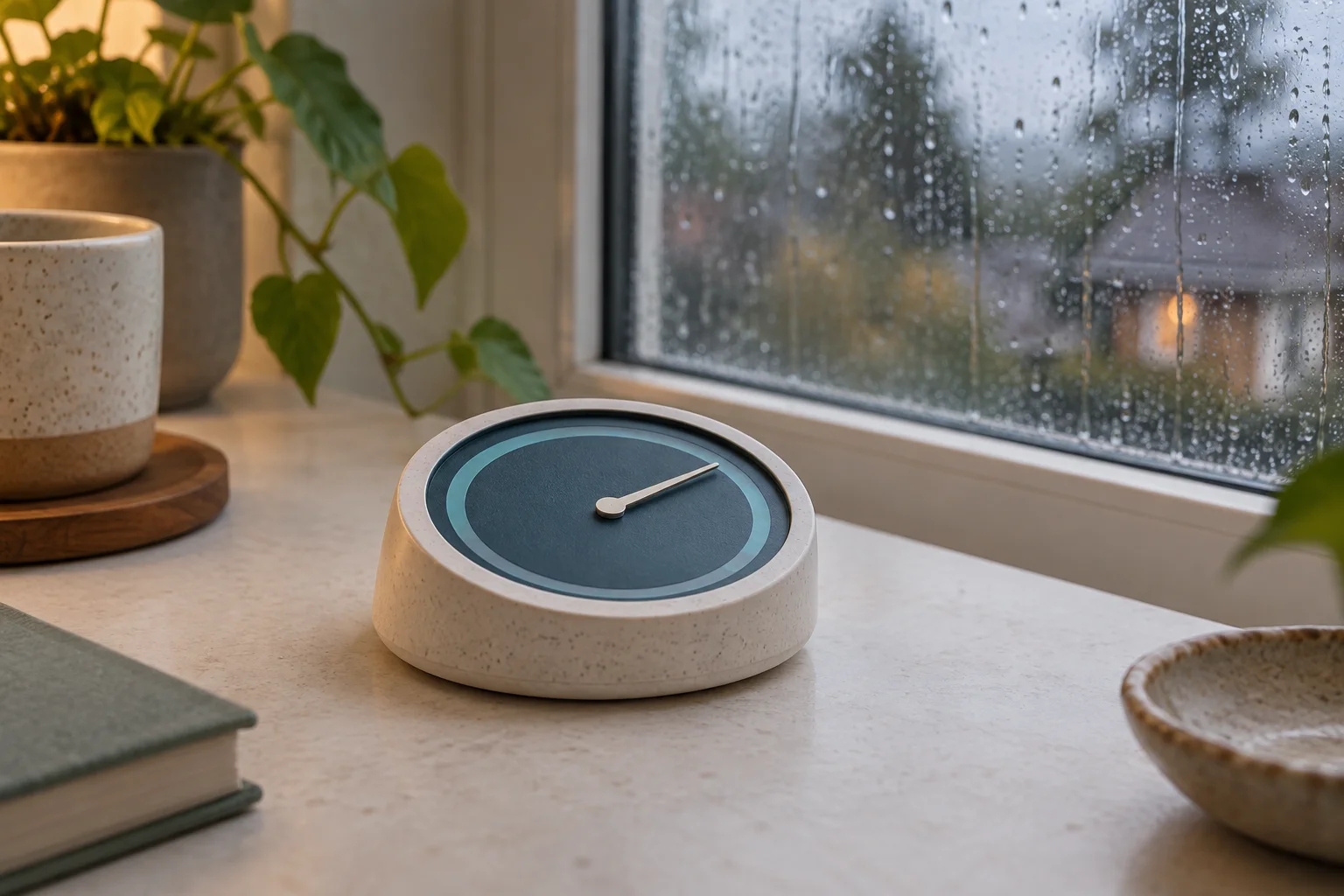 Weather Dial tactile local weather-trend concept by a rainy window