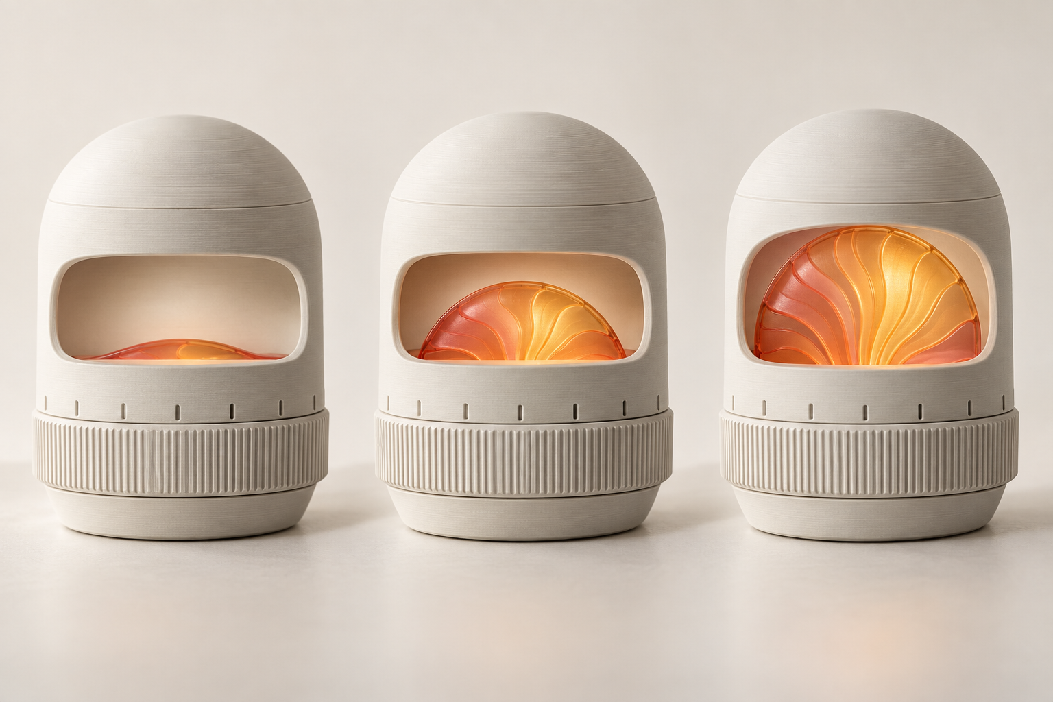 Three concept views of RISE/30 showing a glowing core rising as progress accumulates
